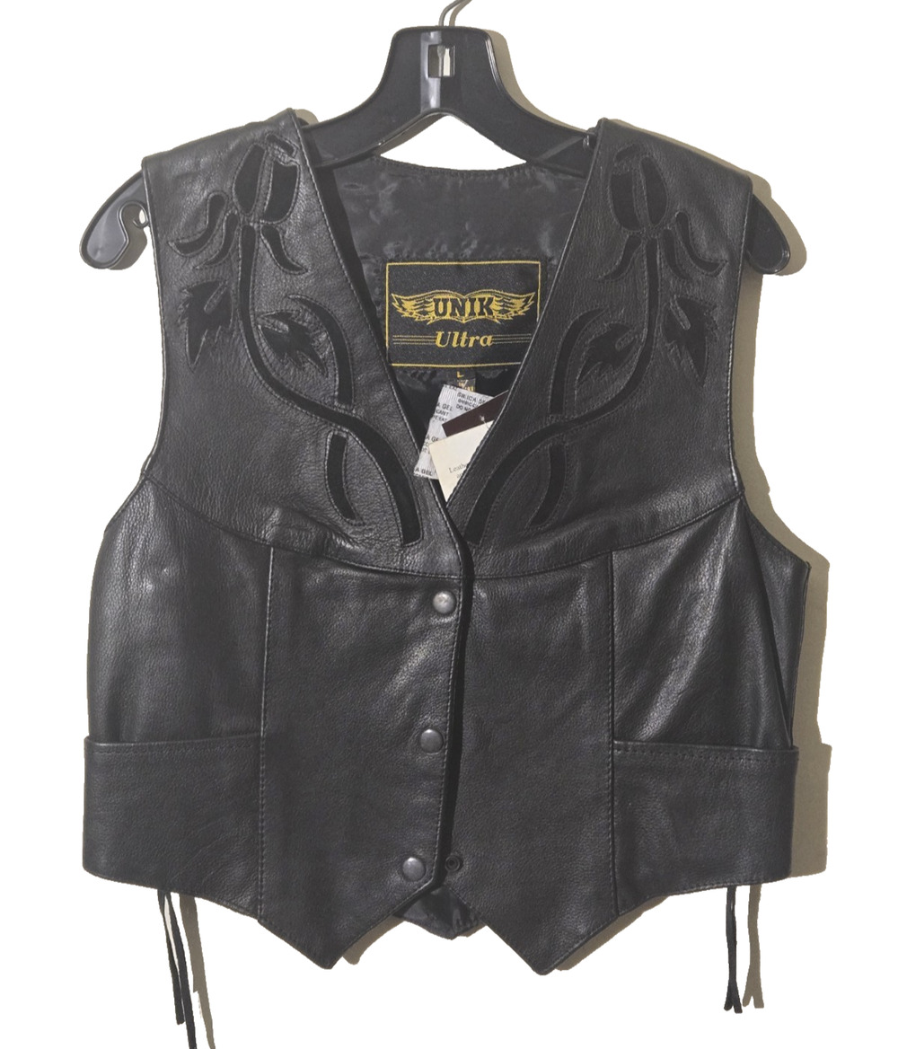 Unik Ultra 6507 women's Black Leather Biker Vest Size Large Black Rose Embroider